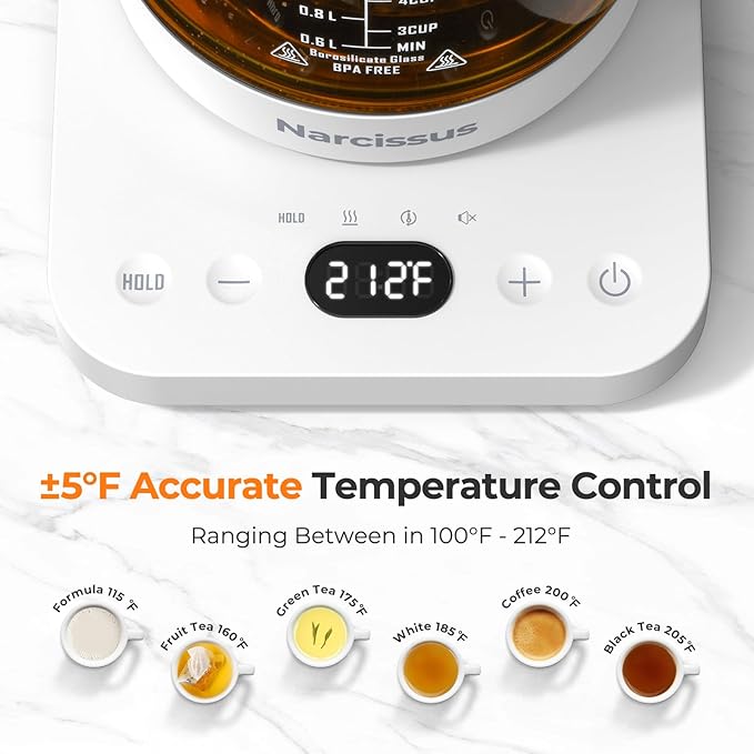 Narcissus Electric Kettle Temperature Control ±5℉, 1.8L Glass Electric Tea Kettle with Removable Infuser for Flowers & Fruit Tea, 1200W Fast Boiling, 6 Hours Keep Warming, White