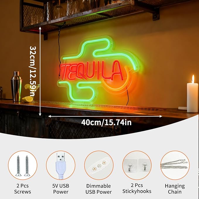 Tequila LED Neon Sign - USB Powered Decorative Neon Light for Bar Home Living Room, Mexican Cocktail Theme Party Wall Table Decoration, 15.7 x 12.6 In - Image 2