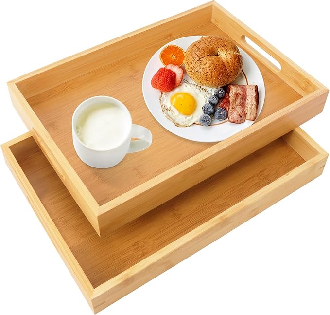 2 Pack Large Bamboo Serving Tray with Handles, 14 x 10 inch Wooden Dinner Tray, Home Kitchen Breakfast Trays for Living Room Bedroom Kitchen Dinner Table, Picnic