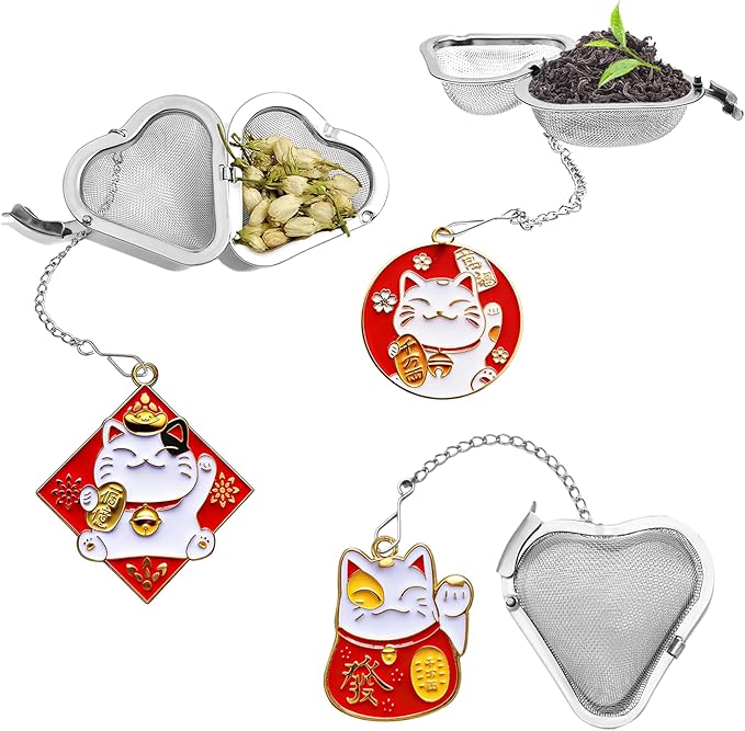 3 Pcs Lucky Cat Tea Infuser, Loose Leaf Tea Steeper, Cute Heart Shaped Metal Tea Ball, Reusable Tea Strainers Make Tea Drinking More Enjoyable (3, Lucky Cat)