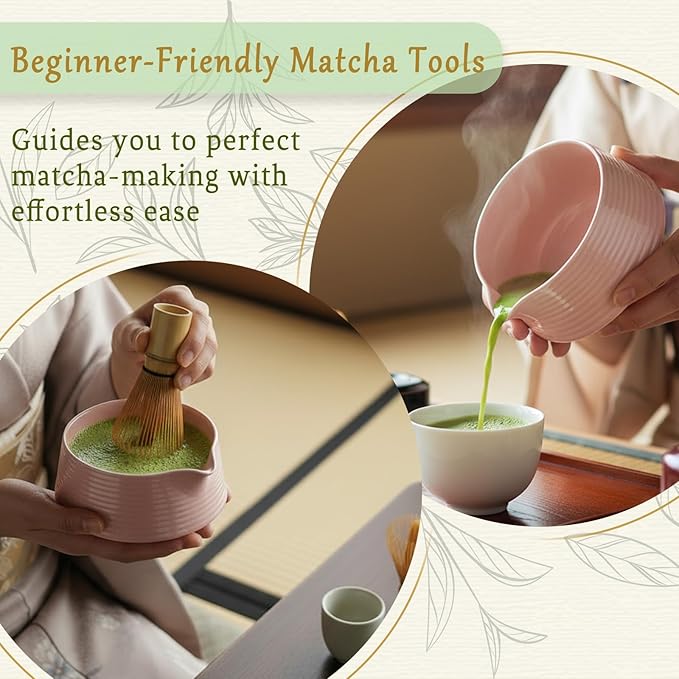 8 Pcs Matcha Whisk Set Chasen Matcha Whisk Bamboo Bowl with Spout Sifter Spoon Scoop Whisk Holder Bamboo Mat Complete Matcha Making Kit (Pink)
