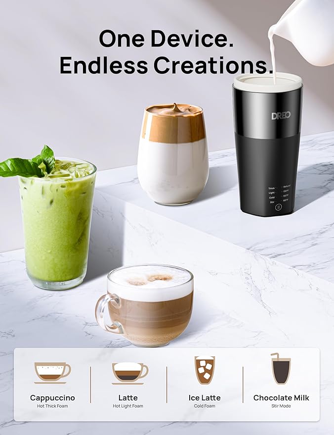 DREO Milk Frother, 4-in-1 Electric Frother for Coffee, Hot and Cold Foam Maker for Cappuccino, Flat-white, Latte with Plant-based and Dairy Milk, Multi-stage, Easy to Clean, Temperature Control, Black