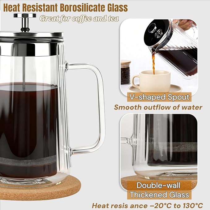 Glass French Press Coffee Maker 34oz, Double Wall Heat-Resistant Borosilicate Glass Coffee Press with Stainless Steel 4-Level Filtration, Also Fit for Tea