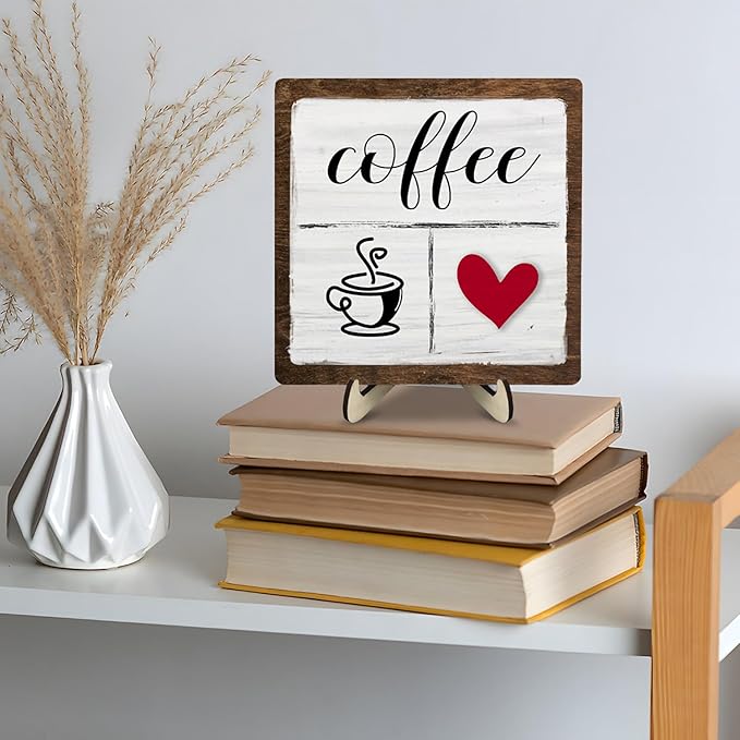 Vintage Coffee Bar Decor Sign,Rustic Wooden Plaque for Java Station, Kitchen,Cafe or Tea Corner, Funny Jave Gift for Coffee Lovers,Cute Heart Design Cafe Decor 5.9x5.9inch