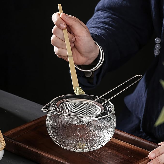 10 Pcs Matcha Whisk Set, 500 ml/18 oz Glass Matcha Bowl and Whisk Holder & Measuring Cup, Bamboo Matcha Scoop & Stainless Sifter, Japanese Ceremonial Matcha Tea Making Tools Kit