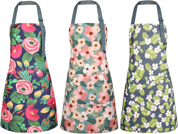 BOUMUSOE 3 Pack Floral Aprons with Pocket, Blooming Womens Aprons | Waterproof Adjustable Cooking Aprons for Kitchen Gardening and Salon by BOUMUSOE