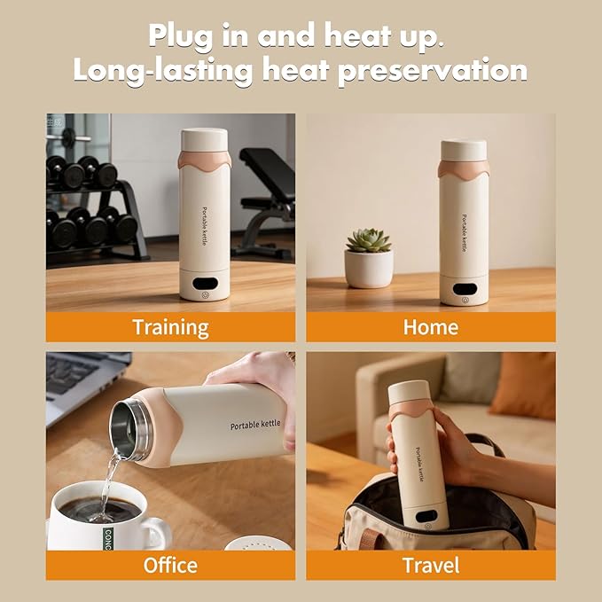 Portable Electric Kettle 16oz - Mini Travel Kettle Vacuum Insulation 304 Stainless Steel Small Water Boiler for Coffee, Tea - 4 Adjustable Temperature and Automatic Shut-off with Kettle Bag