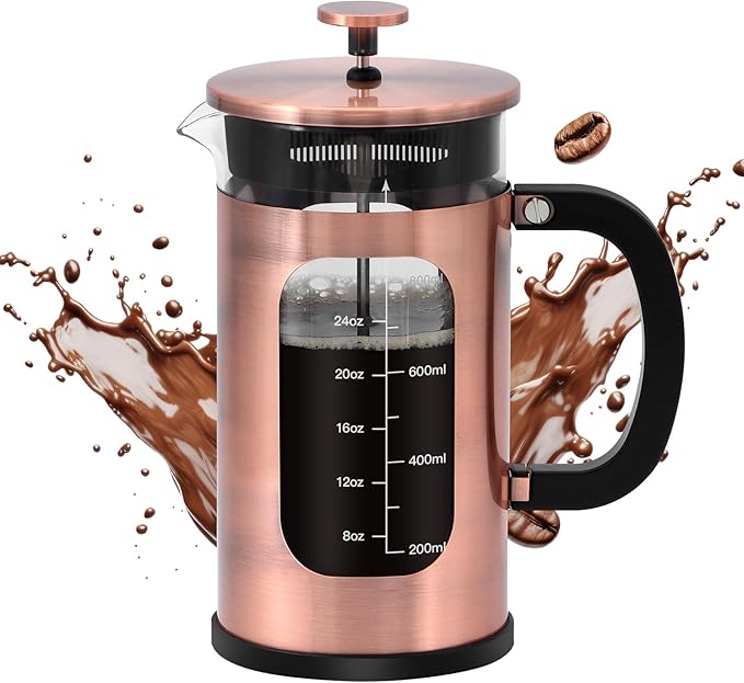 Panana 34 Ounce 1 Liter French Press Coffee Maker, Heat Resistant Borosilicate Glass Coffee Press, Cold Brew Coffee Pot Tea Press for Kitchen, Stainless Steel (Upgraded Stainless Steel Copper)