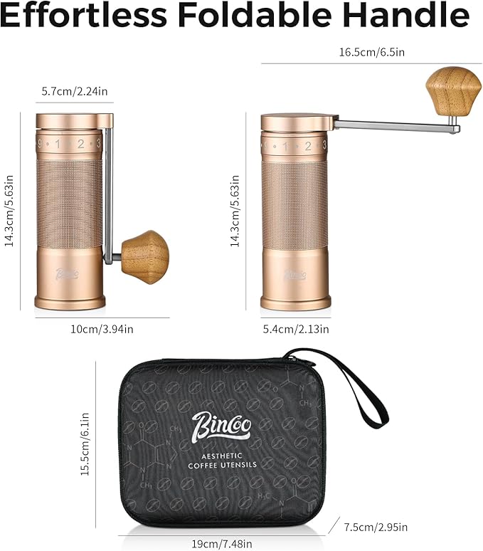 Bincoo Manual Coffee Grinder Manual Foldable Handle– Espresso Hand Coffee Grinder Burr,Compact and Portable for Home/Travel/Camping(Champagne)
