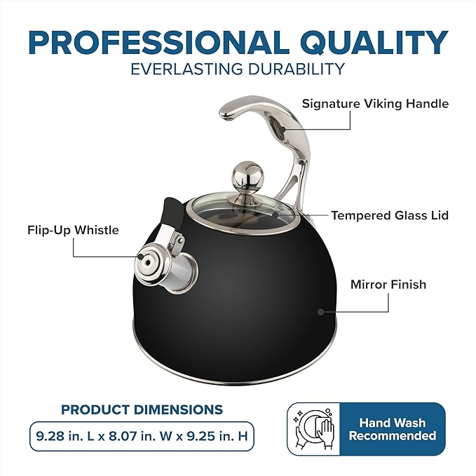 Viking 3-Ply Stainless Steel Tea Kettle, 2.6 Quart Stovetop Hot Water Pot with Tempered Glass Lid, Ergonomic Handle, Induction Ready, Matte Black