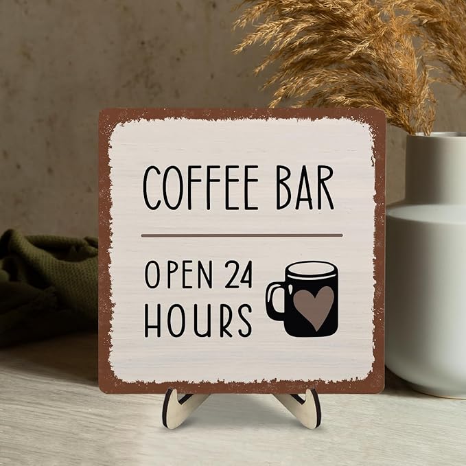 Coffee Bar Sign Plaque Decor,Coffee Bar Accessories,Rustic Wooden Tabletop Plaque with Stand, Minimalist Farmhouse Kitchen Counter Sign,Cute Mini Café Bar Decor Gift 5.9x5.9Inch