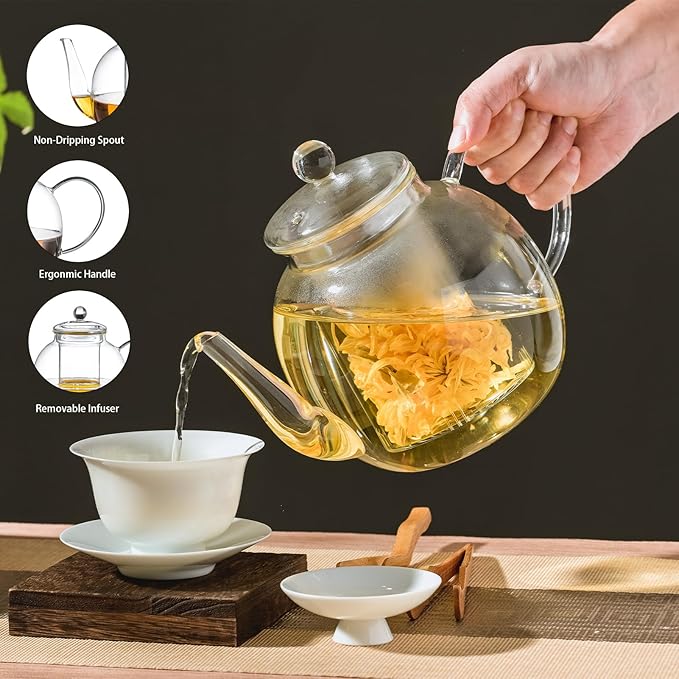 1530 ml/52 oz Large Glass Teapot with Removable Infuser, Clear Tea Kettle Stovetop Safe for Loose Leaf and Blooming Tea, Tea Lover's Choice,Gifts for Christmas