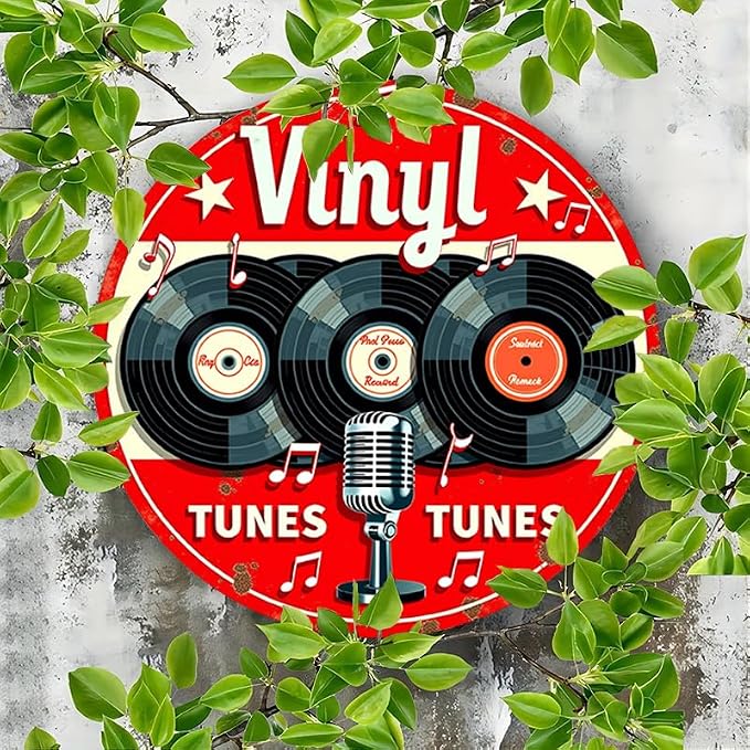 1pc Vintage Aluminum Metal Sign - Vinyl Tunes Round Wall Art - Classic Records & Retro Microphone Design - Ideal for Bar, Cafe, Music Room Decor - 7.8" Diameter - Image 4