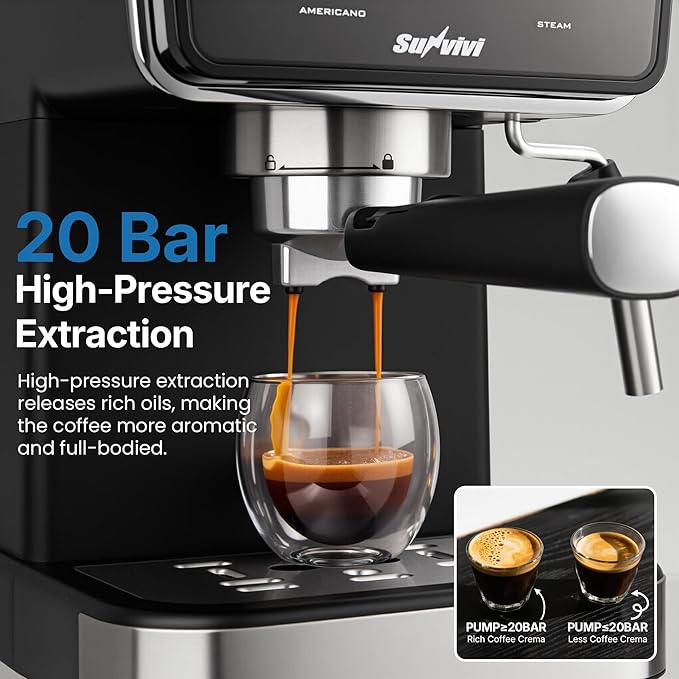 20 Bar Espresso Machine with Milk Frother, Iced Coffee Maker for Espresso, Cold Brew, and Americano, 52OZ Removable Water Tank, Coffee Machine for Home and Office, Black
