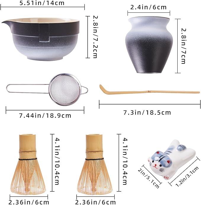 Matcha Whisk Set, Matcha Set Includes 2X Matcha Whisk, Matcha Bowl and Chasen Holder, Bamboo Scoop, Scoop Rest, Sifter - 7 Pcs Matcha Kit for Tea Ceremony, Gift for Matcha Lover (Black to White)