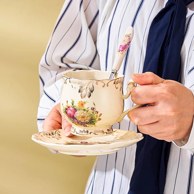 Tea Cups and Saucers Set of 2, 8 Oz Ivory Floral Porcelain Teacup and Saucer Set with Gold Trim, Vintage Tea Cups with Spoon, European Style (Colorful Floral)