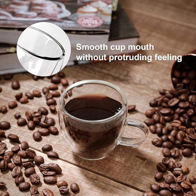 KitchenTour Insulated Coffee Mug 2.5 oz- Double Wall Glass Coffee Cup with Handle Set of 4 - Clear Glass Drinkware for Espresso，Cappuccino, Latte，Hot Beverages