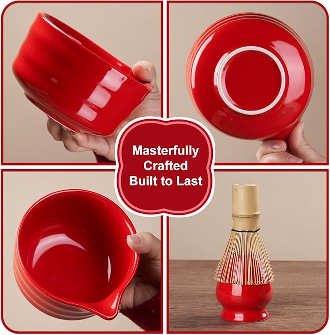 YOLIFE 7 Pcs Matcha Whisk Set, Includes Matcha Bowl with Spout, Bamboo Whisk (Chasen) with Ceramic Holder, Scoop and Powder Spoon, Sifter, Matcha Kit for Ceremony (Red)
