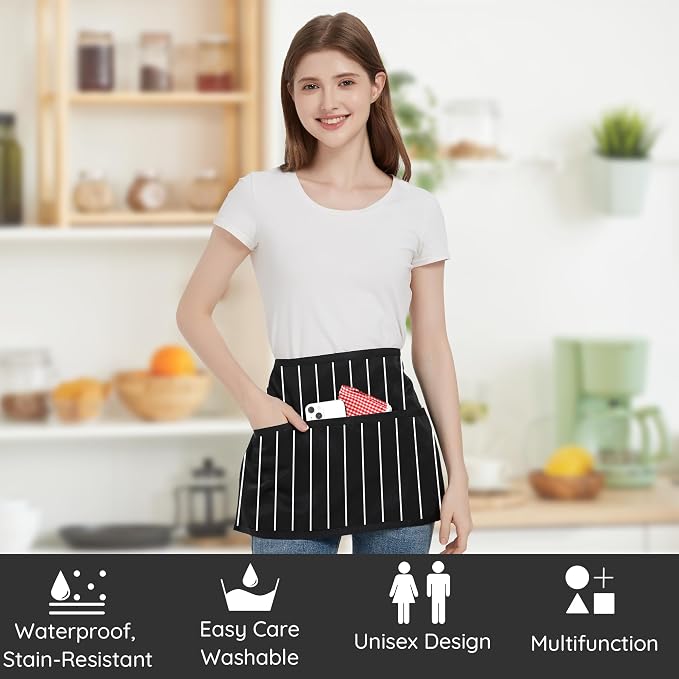 3 Pack Waist Apron with 3 Pockets, Unisex Black Waiter Aprons, Water Resistant Server Aprons for Restaurant Chef Bar - Image 2