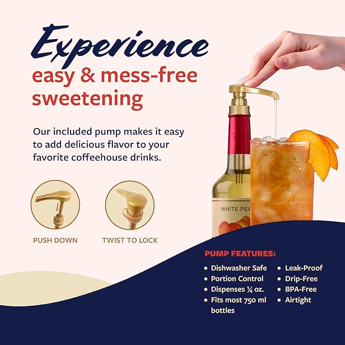 Torani Puremade Syrup, White Peach Flavoring for Drinks, Glass Bottle with Pump Included, 25.4 Fl Oz
