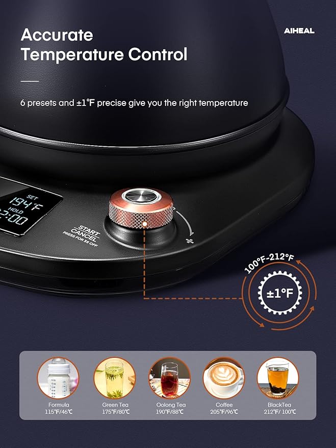 Electric Gooseneck Kettle Temperature Control, Pour Over Electric Kettle for Coffee and Tea, 100% Stainless Steel Inner, 1200W Rapid Heating, 0.8L, Built-in Stopwatch, Matte Black