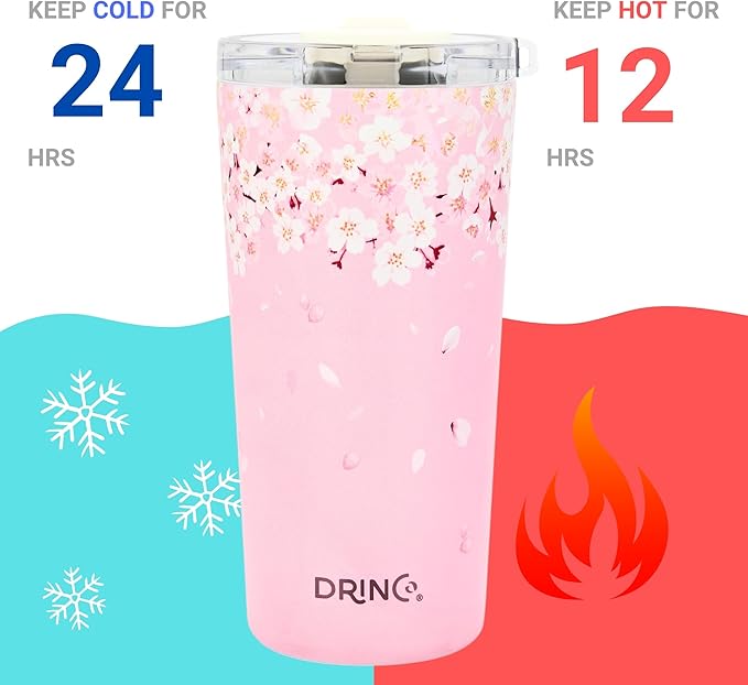 Drinco - 20 oz Stainless Steel Tumbler | Double Walled Vacuum Insulated Mug With Lid, 2 Straws, For Hot & Cold Drinks (20oz Sakura)