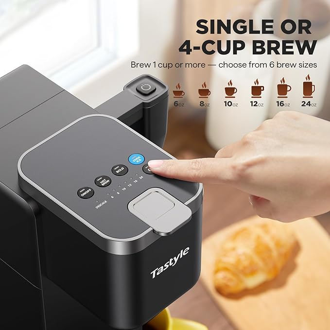 Single Serve Coffee Maker with Built-in Detachable Milk Frother, Iced and Hot Coffee Machine for K Cup & Grounds, 40oz Removable Water Reservoir, 6 Cup Sizes, Fits 7.3" Travel Mug, Black