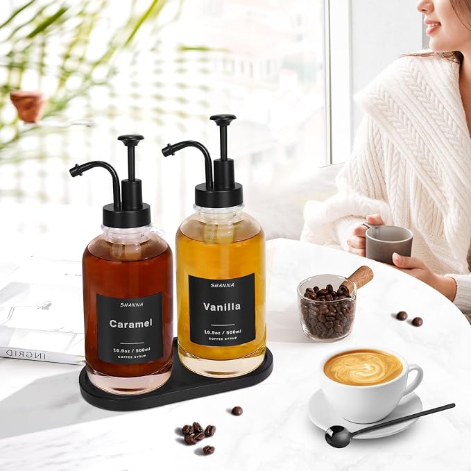 Glass Coffee Dispenser - 16.9oz, Black Scoop, 36 Labels, Bamboo Tray & Pump, 2-Pack - Image 3
