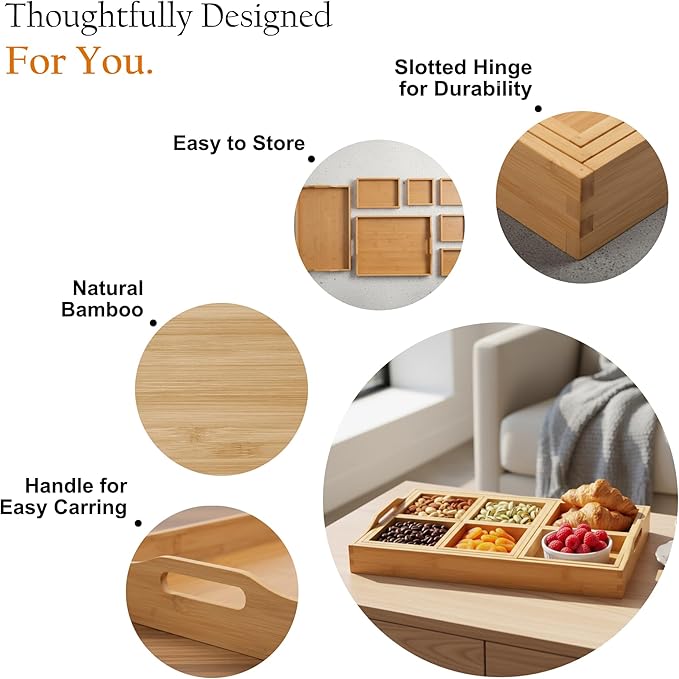 Wooden Tray with Handle - Set of 7 Bamboo Trays for Serving Food - for Breakfast in Bedroom, at Dinner or Coffee Table - Decorative Bamboo Tray