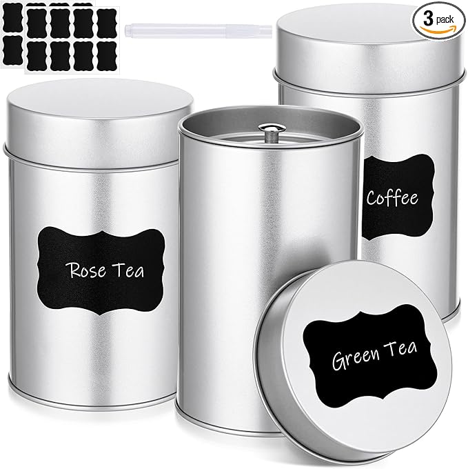 Tanlade 3 Pcs Tea Tin Canister with Airtight Lid,14 oz Tea Storage Tins with 1 Erasable Chalk Marker and 16 Stickers for Loose Leaf Coffee Sugar Metal Round Containers Can Double Sealed