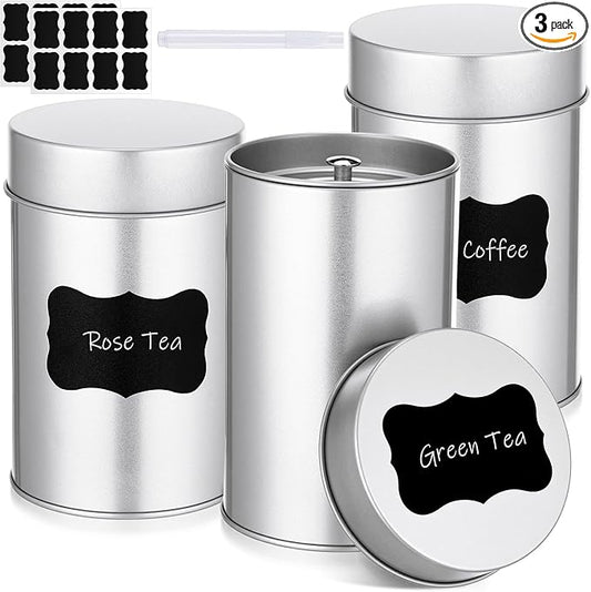 Tanlade 3 Pcs Tea Tin Canister with Airtight Lid,14 oz Tea Storage Tins with 1 Erasable Chalk Marker and 16 Stickers for Loose Leaf Coffee Sugar Metal Round Containers Can Double Sealed
