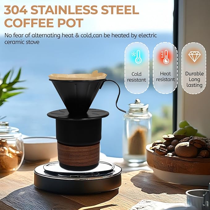 Pour Over Coffee Maker 300ml Portable Cup 304 Thickened Stainless Steel Drip Coffeemaker Set with 50pcs V60 Cone Paper Filters Hand Brew Dripper Carafe for Home Camping Travel 10.2oz Black