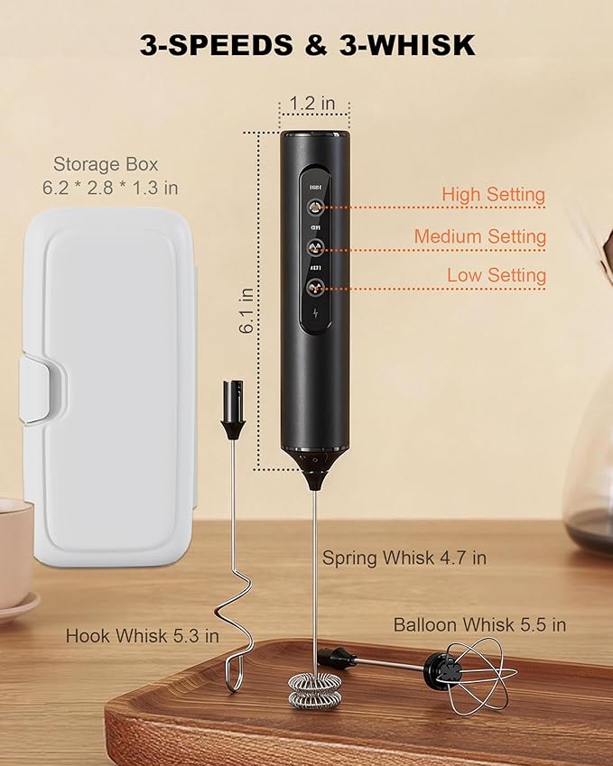 Rechargeable Handheld Milk Frother Wand with 3 Whisks & Storage Box, 3-Speed Electric Drink Mixer for Latte, Cappuccino, Hot Chocolate, Matcha and Eggs, Kitchen & Coffee Gift Set