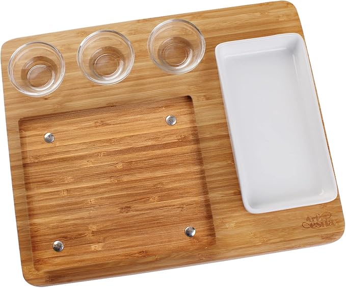 Artestia Bamboo Platter, Stainless Steel Tray, Glass Cups and Ceramic Side Dish Bowl,Serving Tray(Deluxe Set Only Without Stones)