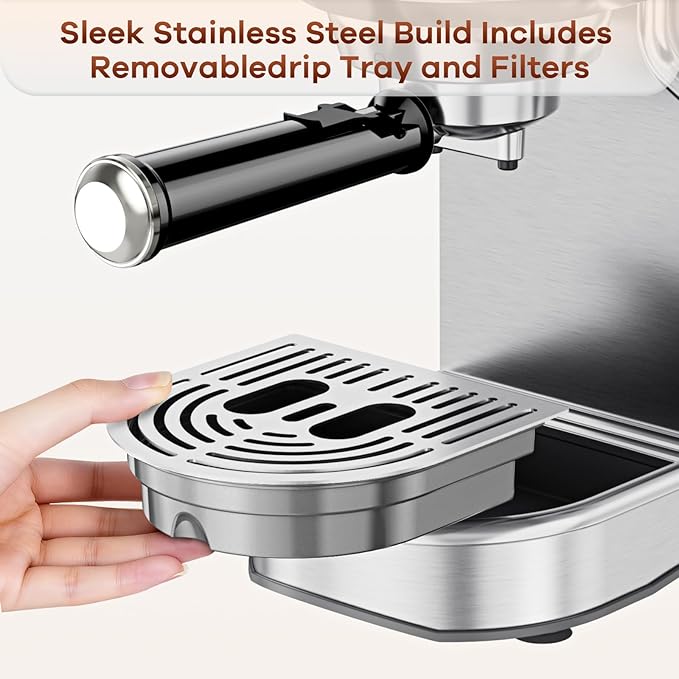 Espresso Machine, 20 Bar Compact Espresso Maker with Steam Milk Frother, Stainless Steel Expresso Machines for Home, 34oz Removable Water Tank for Latte, Cappuccino, Silver