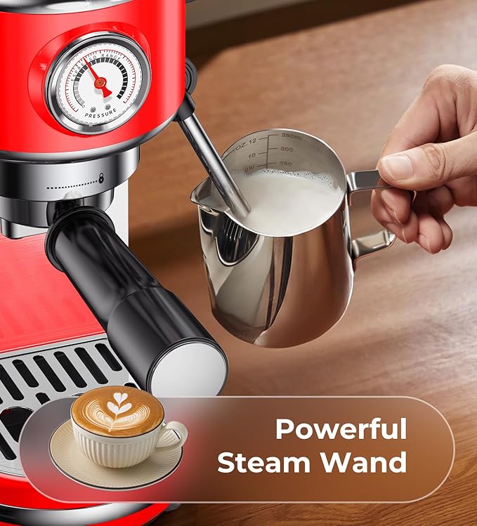 20 Bar Espresso Machine with Milk Frother, Compact Espresso Maker, Stainless Steel Coffee Machine with Precise Temp Control & 44oz Removable Water Tank for Latte, Cappuccino, Red