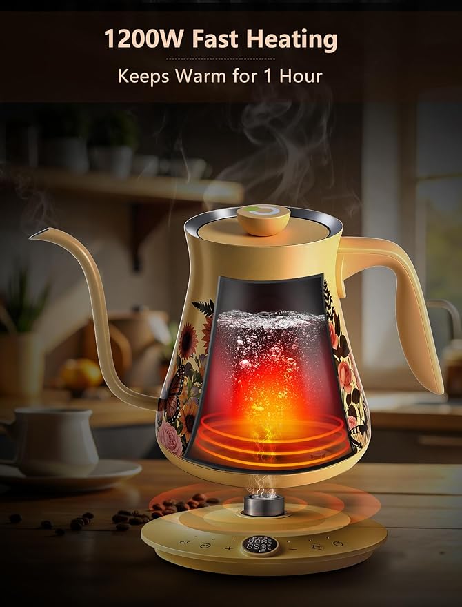 Olumaramio 0.8L/27oz Gooseneck Electric Kettle - ±1℉ Precise Temperature Control for Pour Over Coffee & Tea, 1200W Fast Heating, Auto Shut-Off, Built-in Brew Timer, BPA-Free Stainless Steel, Floral