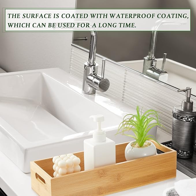 2 Pcs Wood Toilet Paper Basket Bamboo Toilet Paper Tank Topper Wooden Tray for Bathroom Bamboo Organizers and Storage with Handles Kitchen Box with 10 Pcs Silicone Non Slip Pad for Pantry