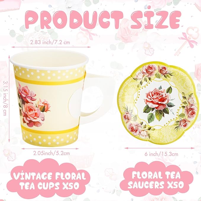100 Pcs Tea Party Decorations Includes 50 7 oz Paper Tea Cups with Handle 50 Vintage Floral Plates Disposable Tea Cups and Saucers for Wedding Spring Party Birthday Hot Cold Drinks(Yellow)