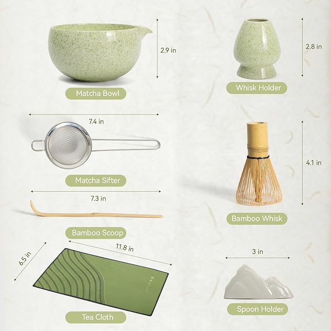 Matcha Whisk Set- 7 Piece Complete Japanes Matcha Set with Ceramic Matcha Bowl (Chawan), Bamboo Whisk (Chasen), Sifter, Whisk Holder, Macha Scoop(Chashaku) & Accessories - Green