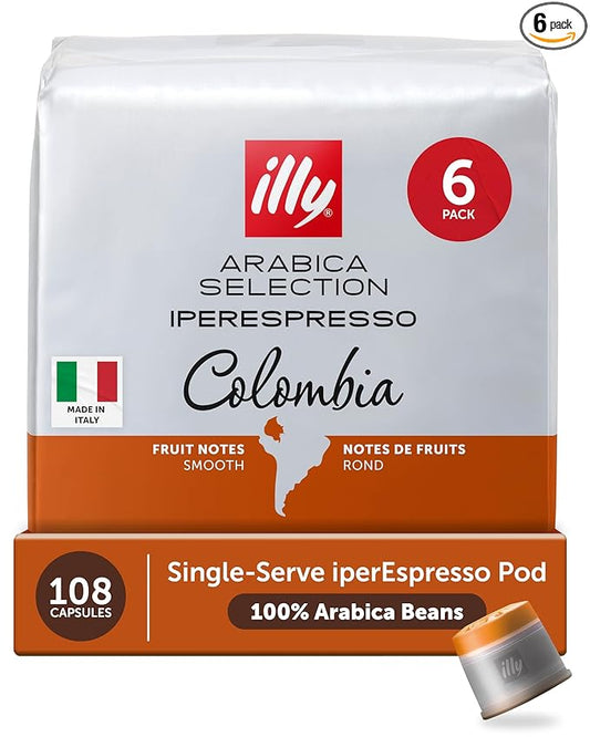 illy Coffee IperEspresso Capsules, Colombia Single Origin Medium Roast Coffee Pods, 100% Arabica, Premium Italian Blend, 18 Count, 6 Pack