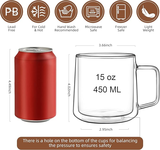 CNGLASS 15oz Double Walled Glass Coffee Mugs,Large Insulated Glass Mugs with Handle,Clear Coffee Cups for Espresso,Latte,Cappuccino,Tea,Set of 2