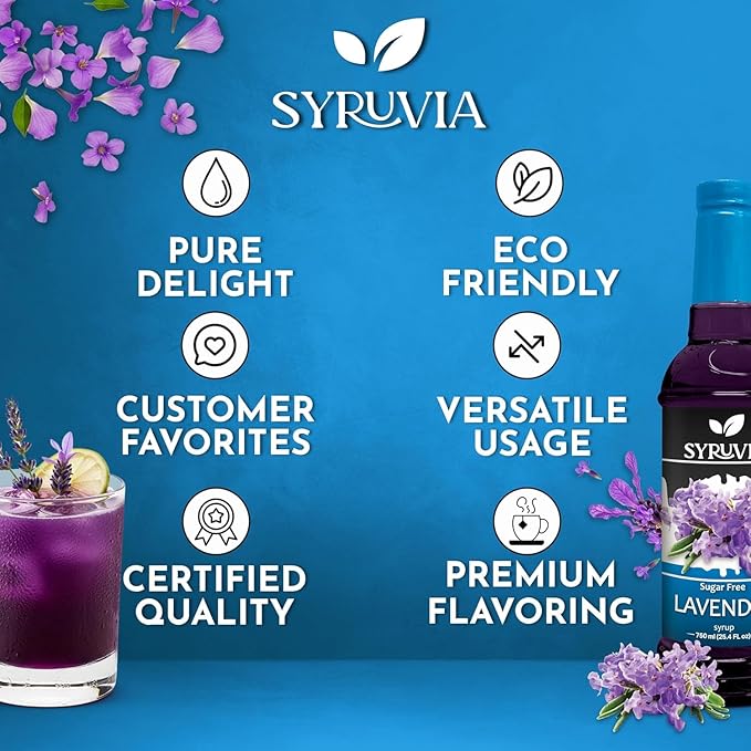 Syruvia Sugar Free Coffee Syrup, Lavender Flavored Syrup for Drinks, Lattes, and Desserts – 25.4 fl oz