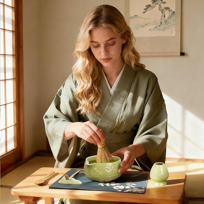 Matcha Whisk Set, Ceramic Bowl with Spout, Bamboo Matcha Whisk & Spoon, Chasen Holder, Scoop Rest, Sifter, 8-Pcs Japanese Ceremony Matcha Powder Kit–Valentine's Day Gift for Women-Matcha Green