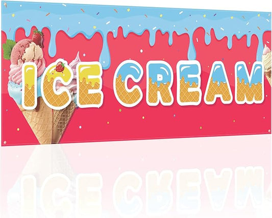 Tegeme Ice Cream Banners Sign 3 x 8 ft/ 36 x 96 Inches Ice Cream Flag Oxford Fabric Banners with 10 Holes for Business Store Outside