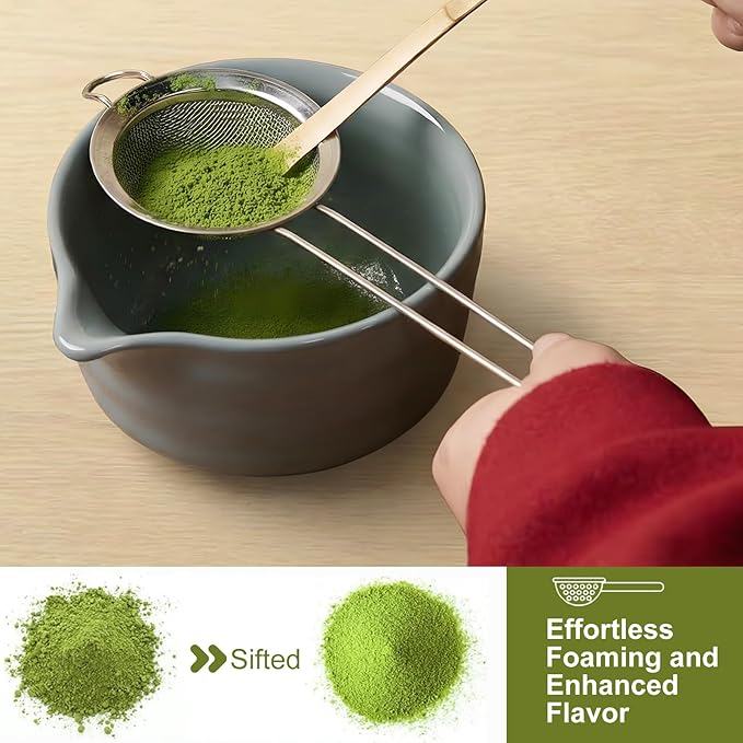 YOLIFE 7 Pcs Matcha Whisk Set, Includes Matcha Bowl with Spout, Bamboo Whisk (Chasen) with Ceramic Holder, Scoop and Powder Spoon, Sifter, Matcha Kit for Ceremony (Gray)
