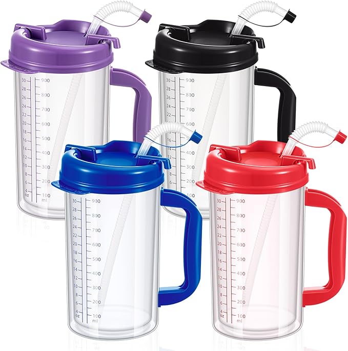 4 Pcs 32 oz Hospital Water Cup with Straw and Lid Insulated Double Walled Water Cup with Handle and Straw Elderly Bottle Plastic Drinking Carafe Insulated Mug (Red,Blue,Black,Purple)