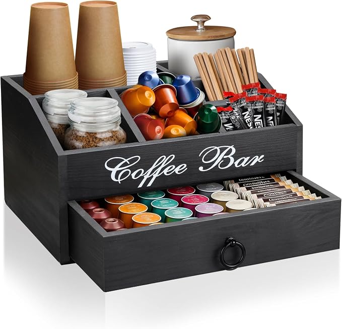Coffee Station Organizer Pods Holder with Drawer, Farmhouse Wood Coffee Bar Accessories Decor and Tea Condiment Basket for Countertop by MISTOD
