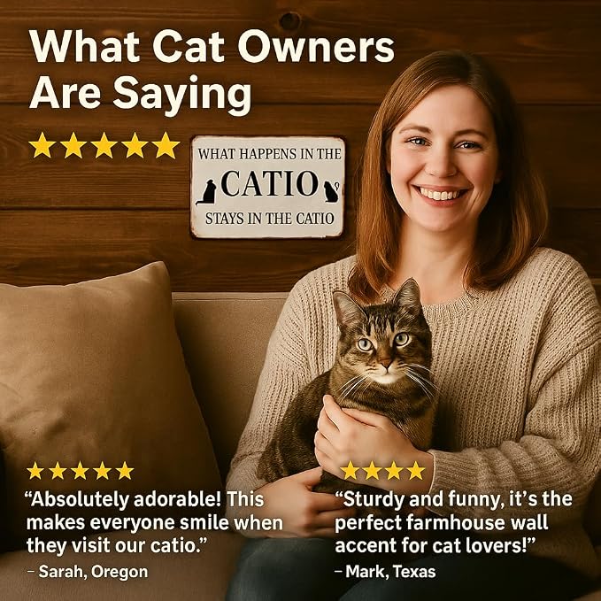 Cat Lover Sign What Happens In The Catio Stays In The Catio Metal Tin Sign Funny Cat House Sign For Home Farmhouse Wall Decor Vintage Cat Owner Gift 8x12 Inch - Image 6