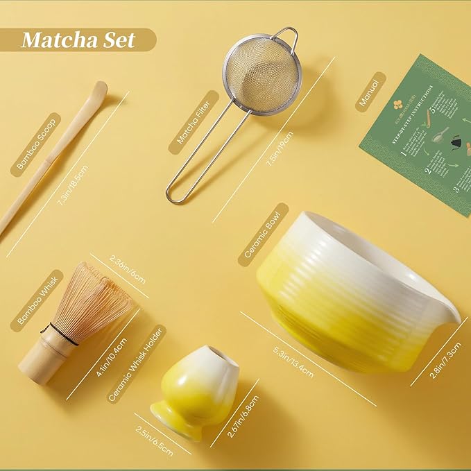 Matcha Whisk Set, Matcha Bowl with Spout and Handcrafted Bamboo Chasen, Stainless Steel Sifter, Matcha Whisk Holder and Bamboo Scoop, Matcha Tea Kit for Matcha Tea Ceremony, Yellow